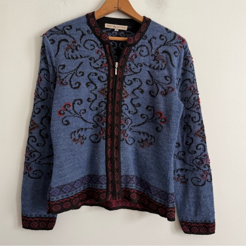 Simply Natural 50% Alpaca Zip Front Sweater Jacket Blue Multi – Made in Peru